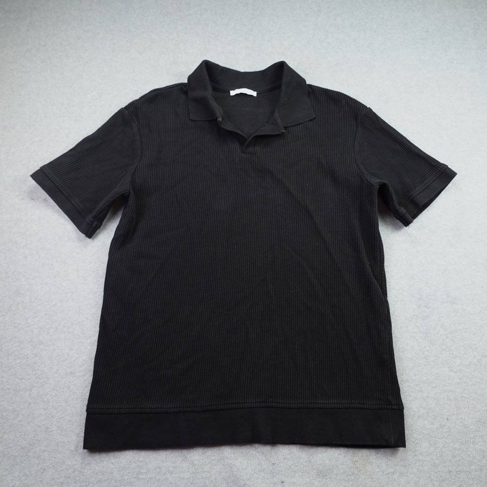 Zara Polo Shirt Mens Medium Black Ribbed Knit Short Sleeve Casual